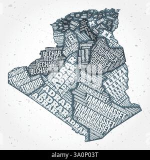 Algérie régions nuages de mots. Forme de pays sur fond texturé. Algérie design dans un style typographique. Illustration vectorielle élégante. Illustration de Vecteur