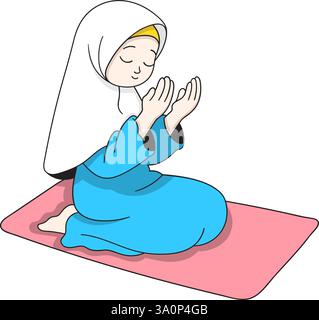 Illustration d'une femme musulmane portant un hijab et une modeste robe bleue, assise sur un tapis de prière avec les mains levées en supplication Illustration de Vecteur