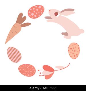 Illustration de lapin de Pâques avec des œufs décorés et des carottes dans le cadre Circle Design. Illustration de Vecteur
