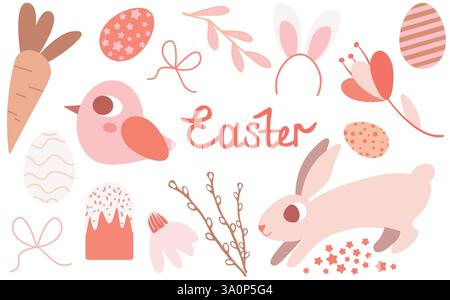 Jolis éléments de Pâques dessinés à la main avec des motifs lapin, œufs et printemps Illustration de Vecteur