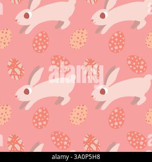 Motif sans couture de lapins de Pâques et œufs décorés sur un fond rose Illustration de Vecteur