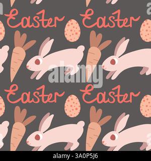 Motif de Pâques sans couture avec lapins, carottes et œufs sur fond sombre Illustration de Vecteur