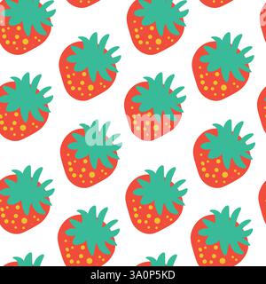Motif sans couture de fraises vibrantes avec des feuilles vertes vives sur fond blanc Illustration de Vecteur