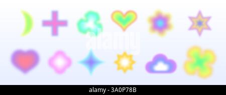 Collection de formes floues Y2K avec esthétique dégradé de néon. Symboles rêveurs de cœurs et de nuages, d'étoiles, de croix et de croissants. Icônes pastel luisantes douces avec bords arc-en-ciel pour des designs numériques rétro. Illustration de Vecteur