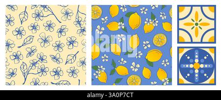 Collection de motifs Amalfi avec des motifs méditerranéens en bleu et jaune. Fleurs de citron, agrumes vibrants avec des fleurs, motifs de carreaux décoratifs. Imprimés classiques d'inspiration italienne pour la décoration intérieure ou le tissu. Illustration de Vecteur