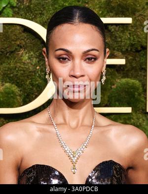 (FILE) Zoe Saldana remporte l’Oscar de la meilleure actrice dans Un second rôle pour « Emilia Perez » lors de la 97e cérémonie annuelle des Oscars le dimanche 2 mars 2025. BEVERLY HILLS, LOS ANGELES, CALIFORNIE, États-Unis - 05 JANVIER : L'actrice américaine Zoe Saldana portant Saint Laurent arrive à la 82e cérémonie annuelle des Golden Globe Awards qui se tient au Beverly Hilton Hotel le 5 janvier 2025 à Beverly Hills, Los Angeles, Californie, États-Unis. (Photo de Xavier Collin/image Press Agency) Banque D'Images
