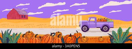 Camion vintage transportant des citrouilles dans le paysage rural d'automne avec grange rouge et champs sous un ciel violet. Scène de récolte agricole Illustration de Vecteur