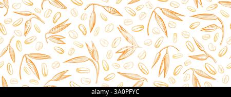 Pointe d'avoine, motif sans couture de graines dorées. Blé, croquis de détails d'épeautre. Récolte agricole. Toile de fond vectorielle de texture dessinée à la main. Graphique vintage p Illustration de Vecteur