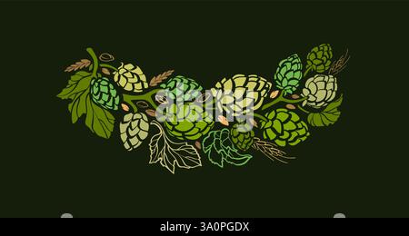Motif houblon et malt. Branche verte aux herbes pour le brassage de la bière. Brasserie de boisson alcoolisée lager, ingrédient alimentaire. Bordure vintage, décoration et ornement. Sketc Illustration de Vecteur