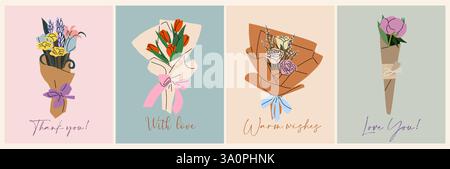 Un ensemble de quatre cartes de vœux avec bouquets de fleurs Illustration de Vecteur