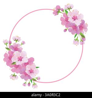 Couronne vectorielle de sakura. Cadre rond avec des branches de fleurs de cerisier. Fleurs roses d'Edo-Higan sur fond blanc. Composition pour une invitation de mariage, félicitations pour la fête des mères. Illustration de Vecteur