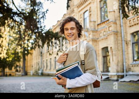 Un jeune homme sourit, tenant des livres alors qu'il se promène dans un charmant campus. Banque D'Images