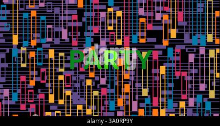 Image de texte de fête sur des formes colorées sur fond noir Banque D'Images