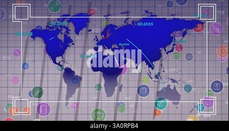 Image du cadre du scanner et du traitement des données sur les icônes de média et la carte du monde sur fond gris Banque D'Images