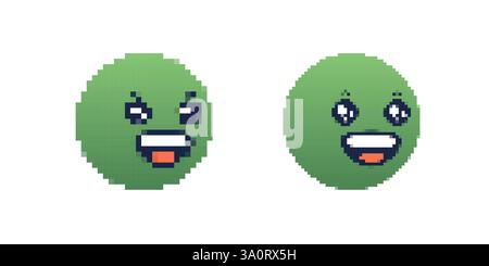 Pixel art de deux visages souriants verts avec des expressions différentes et des dents blanches Illustration de Vecteur