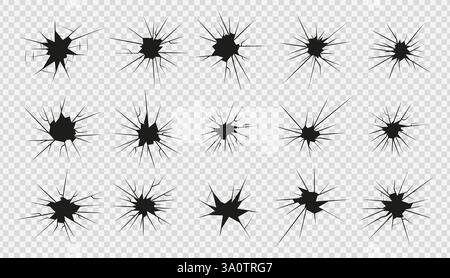 Jeu d'icônes de verre de tir de fissure, fissures et cassures linéaires de silhouette, verre brisé ou glace, motifs abstraits d'illustration vectorielle Illustration de Vecteur
