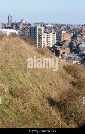 Vue de Charleroi depuis le sommet du tas de scories Blanchisserie. Marcinelle et Charleroi ont marqué la révolution industrielle, avec une tradition de métallur Banque D'Images