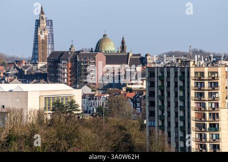 Vue de Charleroi depuis le sommet du tas de scories Blanchisserie. Marcinelle et Charleroi ont marqué la révolution industrielle, avec une tradition de métallur Banque D'Images