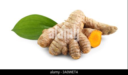 Rhizomes tumeriques à feuille isolée sur blanc Banque D'Images