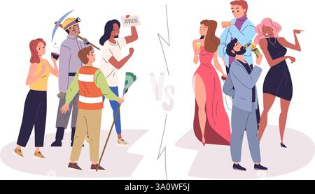 Pauvres vs riches. Inégalité sociale, richesse et pauvreté écart de salaire différence de salaire personnages jaloux à revenu financier faible ou élevé argent, capitalisme classy illustration vectorielle illustration originale Illustration de Vecteur