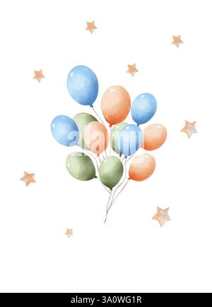 Modèle d'une carte d'aquarelle de vacances prête à l'emploi avec des ballons et des étoiles d'or. Placer pour le texte. Pour imprimer des invitations, des cartes de vœux. Isolé sur fond blanc Banque D'Images