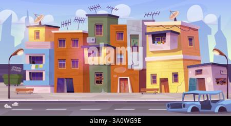 Ghetto Street. Bidonville pauvre, maisons abandonnées bâtiment de village brisé de quartier dessin animé fond de pauvreté pays sale paysage urbain favela, illustration vectorielle chic illustration originale Illustration de Vecteur