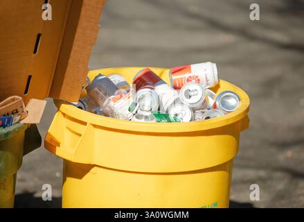 Poubelles remplies pour la collecte séparée des ordures dans un quartier résidentiel sur une rue à Princeton, New Jersey, États-Unis 23 février. Banque D'Images