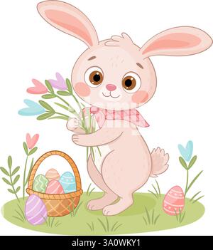 Joli lapin de Pâques avec des fleurs. Icône isolée style plat tendance dessinée à la main. Lapin ou lièvre cueille des fleurs dans une prairie, le caractère de fête des animaux du printemps. Illustration vectorielle Illustration de Vecteur