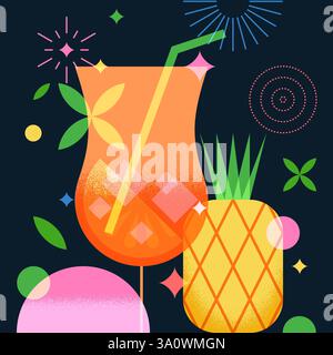 Bannière de bar, affiche géométrique design coloré avec cocktail tropical et ananas. Illustration plate de vecteur de soirée. Drin alcoolique, non alcoolique Illustration de Vecteur