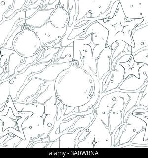 Décorations du nouvel an boules et étoiles suspendues sur des branches d'arbre sèches avec des étoiles étincelantes. Noël, nouvel an, hiver Line art illustration dessinée à la main Illustration de Vecteur