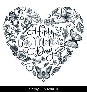 Modèle de conception de bannière d'affiche d'invitation de carte de voeux de fête des mères heureuse. Papillons fleurs calligraphie lettrage en forme de coeur. Vecteur dessiné à la main Illustration de Vecteur