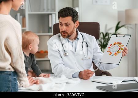 Parler d'une alimentation saine. Avec bébé et mère. Docteur en vêtements formels travaille dans le cabinet. Banque D'Images