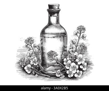 Illustration vectorielle de style de gravure vintage d'une bouteille d'huile essentielle à usage médicinal ou cosmétique Illustration de Vecteur