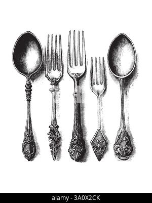 Illustration vectorielle de style de gravure vintage d'un ensemble d'ustensiles décorés vintage avec diverses fourchettes et cuillères Illustration de Vecteur