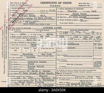 AL CAPONE (1899-1947) acte de décès des gangsters américains Banque D'Images