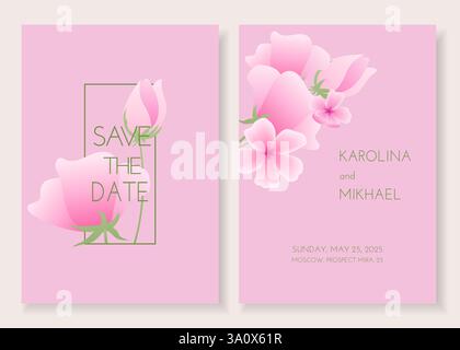 Modèle de carte d'invitation de mariage botanique. Motif floral avec fleurs de sakura dans un style plat Illustration de Vecteur