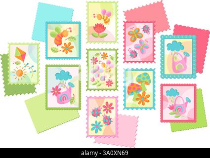 Timbres-poste colorés, autocollants de printemps mignons et illustrations d'été avec des abeilles, des fleurs, des papillons et des cerfs-volants dans un style ludique, conception vectorielle Illustration de Vecteur