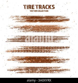 Grunger les traces de pneu avec des éclaboussures de boue et des marques de freinage de roue sales. Silhouettes de sculpture de camion, de voiture ou de moto. Parfait pour le tout-terrain Illustration de Vecteur