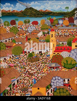 Peinture à l'huile 'Fiesta de Santo Domingo' (Festival de Santo Domingo) par l'artiste nicaraguayen Carlos Marenco exposé dans Centro Cultural Museos Convento San Francisco.Granada.Nicaragua Banque D'Images