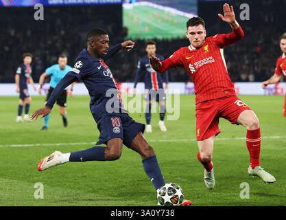 Paris, France. 5 mars 2025. Ousmane Dembele (G) du Paris Saint-Germain participe à la manche de la Ligue des Champions de l'UEFA du 16e match de 1ère manche entre le Paris Saint-Germain (PSG) et le Liverpool FC au stade du Parc des Princes à Paris, France, le 5 mars 2025. Crédit : Gao Jing/Xinhua/Alamy Live News Banque D'Images
