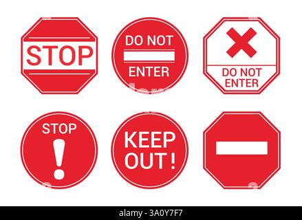 Ensemble de cliparts d'icône de panneau d'avertissement. Signalisation rouge de la circulation routière comme ne pas entrer, garder dehors, pas d'entrée, dangereux et signal stop vecteur de collection clip art Illustration de Vecteur