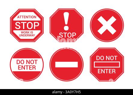 Icône rouge d'arrêt clipart définie. Signalisation routière clip art collection comme ne pas entrer, en construction, sous entretien, pas d'entrée Illustration de Vecteur