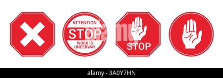 Icône rouge d'arrêt clipart définie. Panneaux d'avertissement symbole clip art collection pas d'entrée, attention, en construction, panneau dangereux et interdit Illustration de Vecteur