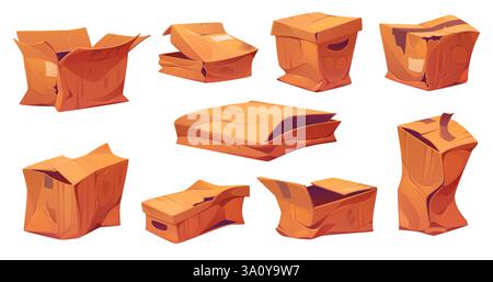 Colis de cartons de cargaison cassés, endommagés et froissés, colis de livraison écrasés et déchirés. Vecteur vieilles boîtes de papier brun avec ouvert, endommagé et ri Illustration de Vecteur