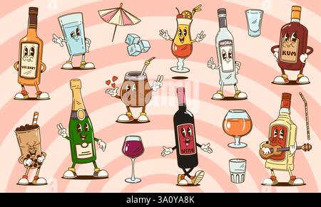 Groovy boissons et caractères de boisson alcoolisée de bouteilles et de verres vectoriels. Vin hippie rétro, champagne, vodka et boissons alcoolisées de whisky. Dessin animé g Illustration de Vecteur