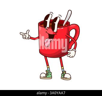 Petit déjeuner groovy tasse de thé caractère avec expression joyeuse et baskets hippie. Vecteur de dessin animé isolé en porcelaine rouge tasse à café chaud rétro personnage Illustration de Vecteur