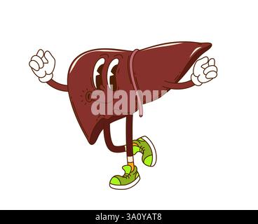 Personnage mignon de foie humain groovy de dessin animé. Santé humaine funky vecteur personnage, métabolisme et système de digestion interne organe mignon personnage ou un Illustration de Vecteur