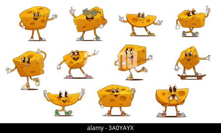 Personnages de fromage drôles et groovy présentant des poses funky animées et des expressions faciales excentriques. Personnages de produits laitiers vectoriels de dessin animé isolés avec pois Illustration de Vecteur