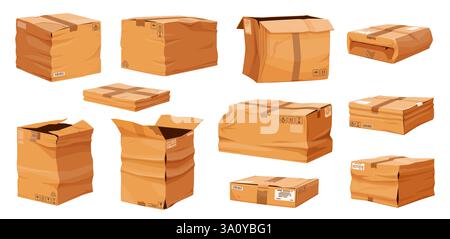 Boîtes en carton endommagées et froissées. Colis ou colis de livraison cassés et déchirés. Boîtes de livraison de papier brun endommagées par vecteur, bande dessinée sale a Illustration de Vecteur