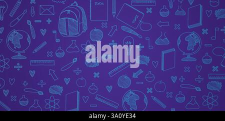 Modèle de retour à l'école avec objets scolaires couleurs bleu foncé arrière-plans pour papiers peints textiles, couverture de livres, interface numérique, matériel de modèles d'impression Illustration de Vecteur